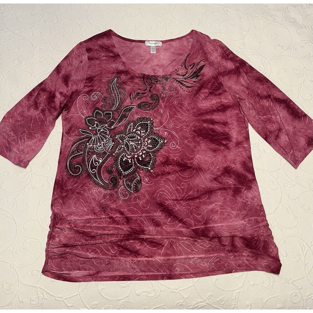 Dressbarn Women 14/16 Berry Pink Paisley Rhinestone 3/4 Sleeve Top Made in USA